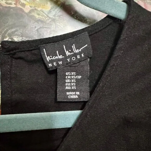 Nicole Miller Black Linen Blend Cropped Top XS Ruffled Hem - Picture 2 of 3